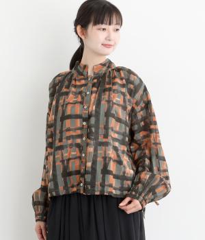 ライトボイル水彩ラインプリントスタンド裾ドロストブラウス(チャコールグレー-F)