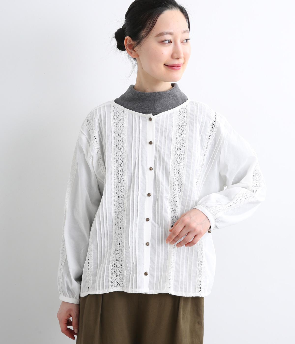 キャンブリック×コットンレース後ろヘンリー2wayブラウス(オフホワイト-F)