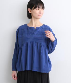 キャンブリック×コットンレース後ろヘンリー2wayブラウス(ブルー-F)