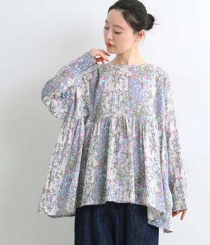 コットンボイルウォールプリント2way切替えギャザーブラウス(ダルモーヴ-F)