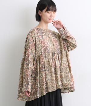 コットンボイルウォールプリント2way切替えギャザーブラウス(ライトテラコッタ-F)