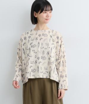 手捺染コットンモダール　やさいパンプリント　サイドドロスト2wayトップス(アイボリー-F)