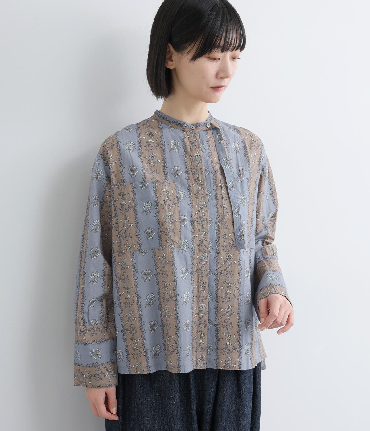 コットンモダール　ストライプフラワープリント　デザインスタンドカラーシャツ(グレー-F)