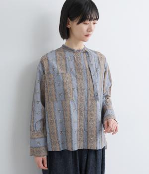 コットンモダール　ストライプフラワープリント　デザインスタンドカラーシャツ(グレー-F)