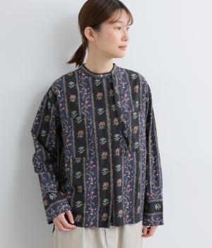 コットンモダール　ストライプフラワープリント　デザインスタンドカラーシャツ(ブラック-F)