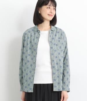 手捺染コットン　バインフラワープリント　レギュラーシャツ(スモークグリーン-F)