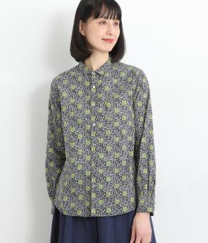 手捺染コットン　バインフラワープリント　レギュラーシャツ(ブラック-F)