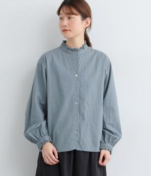 コットン　フリルカラーブラウス(ブルーグレー-F)