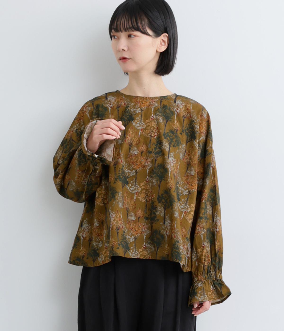 コットン　treesプリント　2wayオーバーブラウス(ブラウン-F)