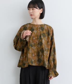 コットン　treesプリント　2wayオーバーブラウス(ブラウン-F)