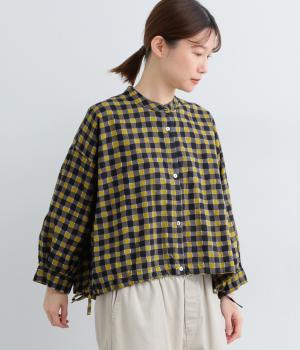 手捺染コットン　ギンガムチェックプリント　裾ドロストバンドカラーシャツ