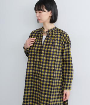 手捺染コットン　ギンガムチェックプリント　サイドオープンチュニック