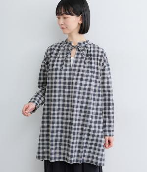 手捺染コットン　ギンガムチェックプリント　サイドオープンチュニック(ネイビー-F)