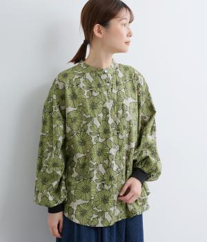 手捺染コットン　クロッキーフラワープリント　袖口RIBギャザーシャツ(ベージュ-F)