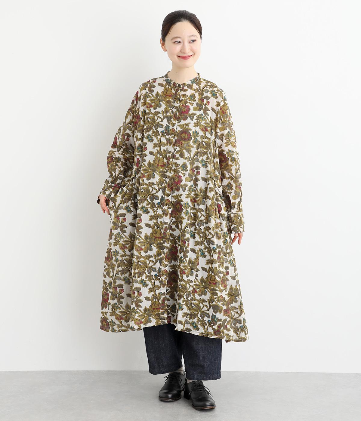 ライトボイルオールドフラワープリントスタンドサイドギャザーワンピース(オフホワイト-F)