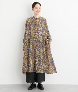 ライトボイルオールドフラワープリントスタンドサイドギャザーワンピース(ディムバイオレット-F)