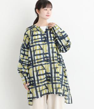 ライトボイル水彩ラインプリント袖タックチュニック