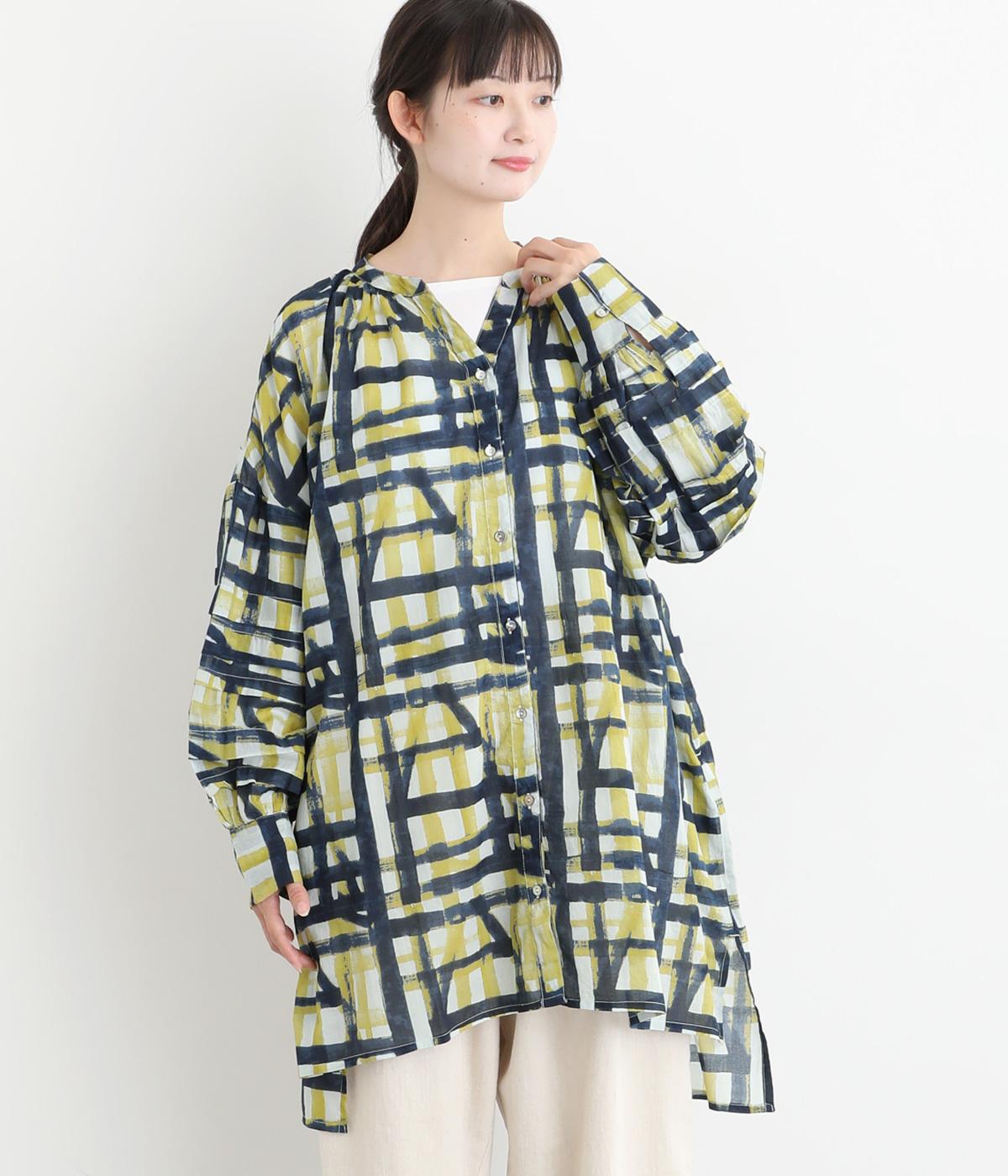 ライトボイル水彩ラインプリント袖タックチュニック(ネイビー-F)