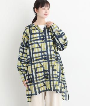 ライトボイル水彩ラインプリント袖タックチュニック(ネイビー-F)