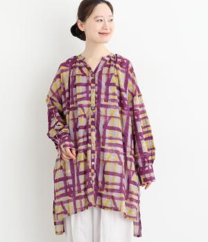 ライトボイル水彩ラインプリント袖タックチュニック(バイオレット-F)