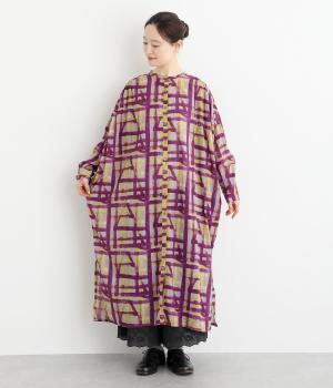 ライトボイル水彩ラインプリントワイドクルーワンピース(バイオレット-F)