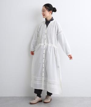 キャンブリック×コットンレース前開きウエストドロストワンピース(オフホワイト-F)