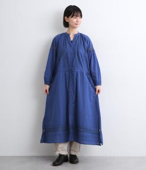 キャンブリック×コットンレース前開きウエストドロストワンピース(ブルー-F)
