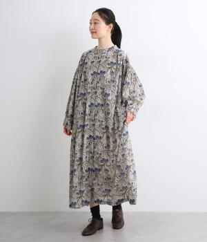 シルクタッチボイルアールフラワープリント2wayビッグスリーブワンピース(ライトグレー-F)