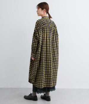 手捺染コットン　ギンガムチェックプリント　バックギャザーシャツワンピース