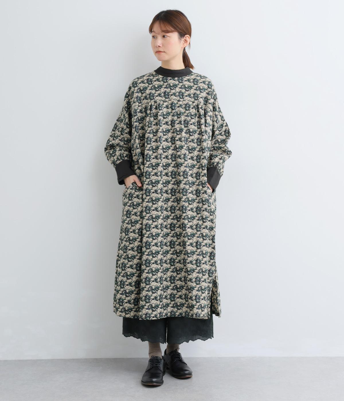 手捺染コットン　フローティングドットプリント　スタンドカラー2wayワンピース(ベージュ-F)