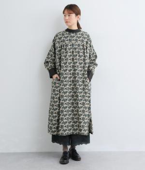 手捺染コットン　フローティングドットプリント　スタンドカラー2wayワンピース(ベージュ-F)