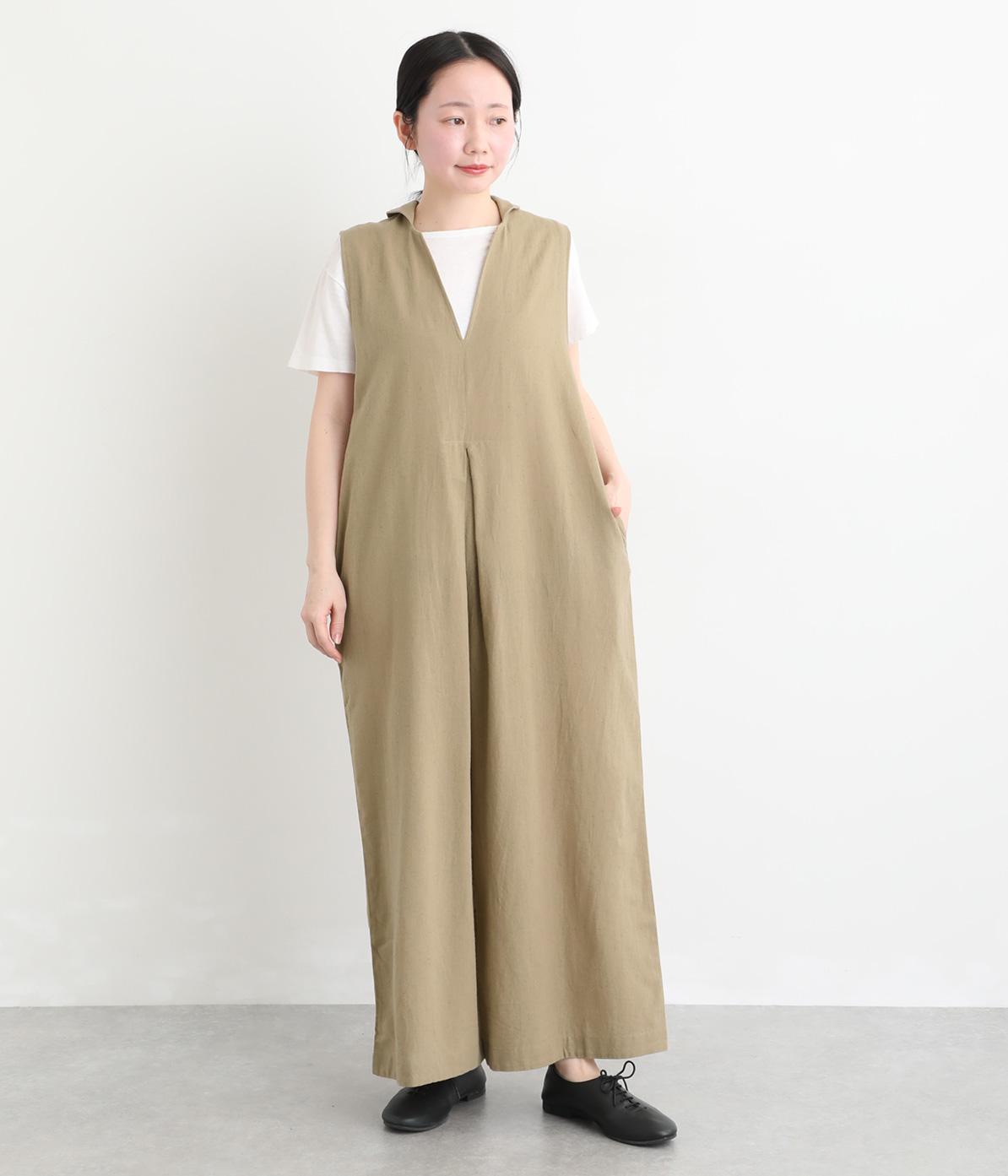 コットンリネンチビ襟付きオールインワン(ベージュ-F)