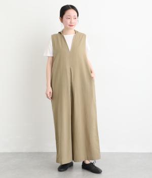 コットンリネンチビ襟付きオールインワン(ベージュ-F)