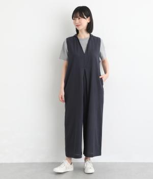 コットンリネンチビ襟付きオールインワン(ネイビー-F)
