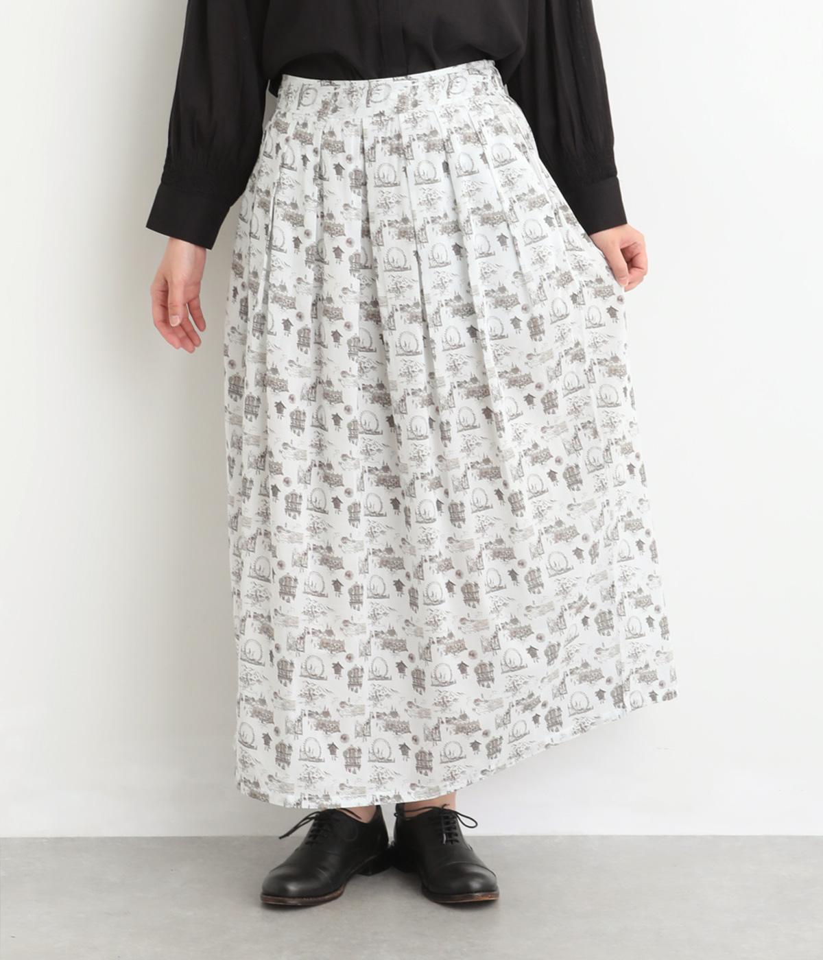 コットンジョーゼットノスタルジックプリントタックロングスカート(オフホワイト-F)