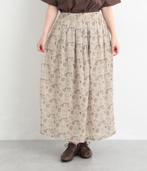 コットンジョーゼットノスタルジックプリントタックロングスカート(ベージュ-F)