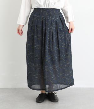 コットンジョーゼットノスタルジックプリントタックロングスカート(ネイビー-F)