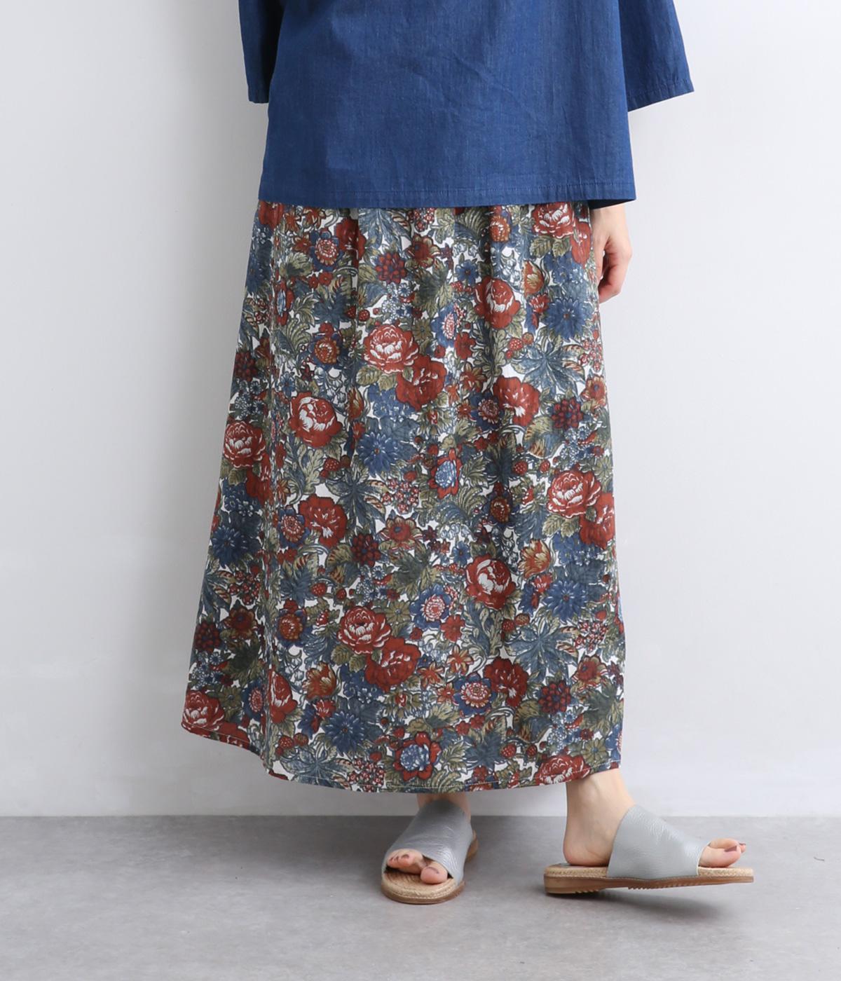 手捺染　コードコットンヴィンテージフラワープリント　ギャザースカート(オフホワイト-F)