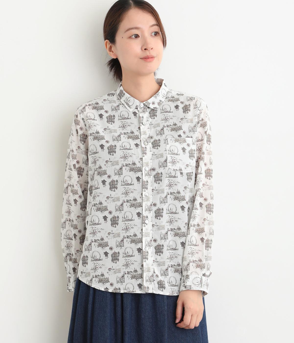 コットンジョーゼットノスタルジックプリントレギュラーシャツ(オフホワイト-F)