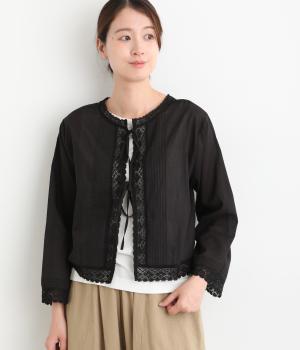 Light Voile×マニーレース2wayリボン開きブラウス(ブラック-F)