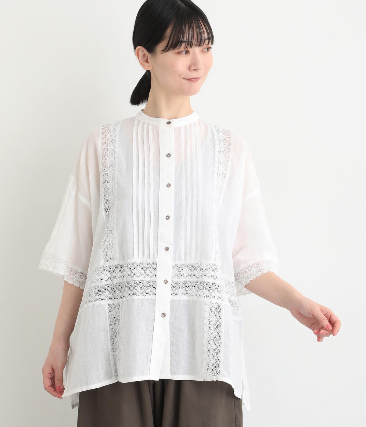 Light Voile×マニーレース切替えロングシャツ(ホワイト-F)