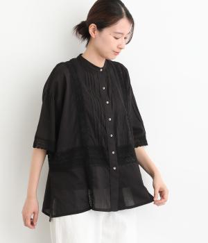 Light Voile×マニーレース切替えロングシャツ(ブラック-F)