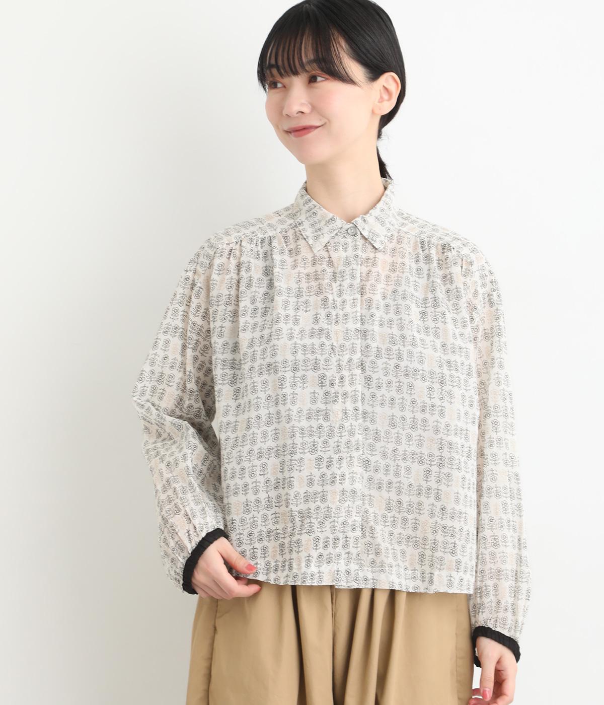 Light Voileフィールドフラワープリントギャザーショートブラウス(アイボリー-F)