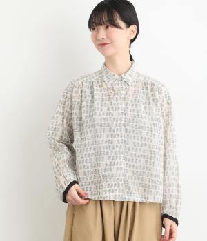 Light Voileフィールドフラワープリントギャザーショートブラウス(アイボリー-F)