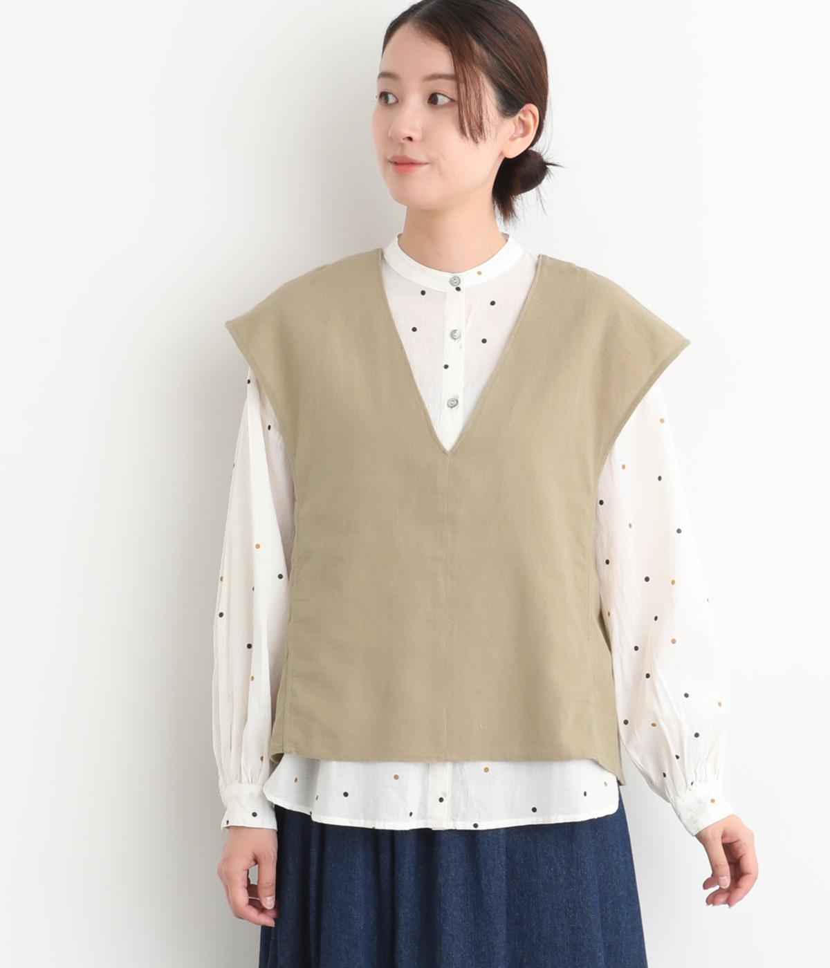 コットンリネンVネックベスト(ベージュ-F)