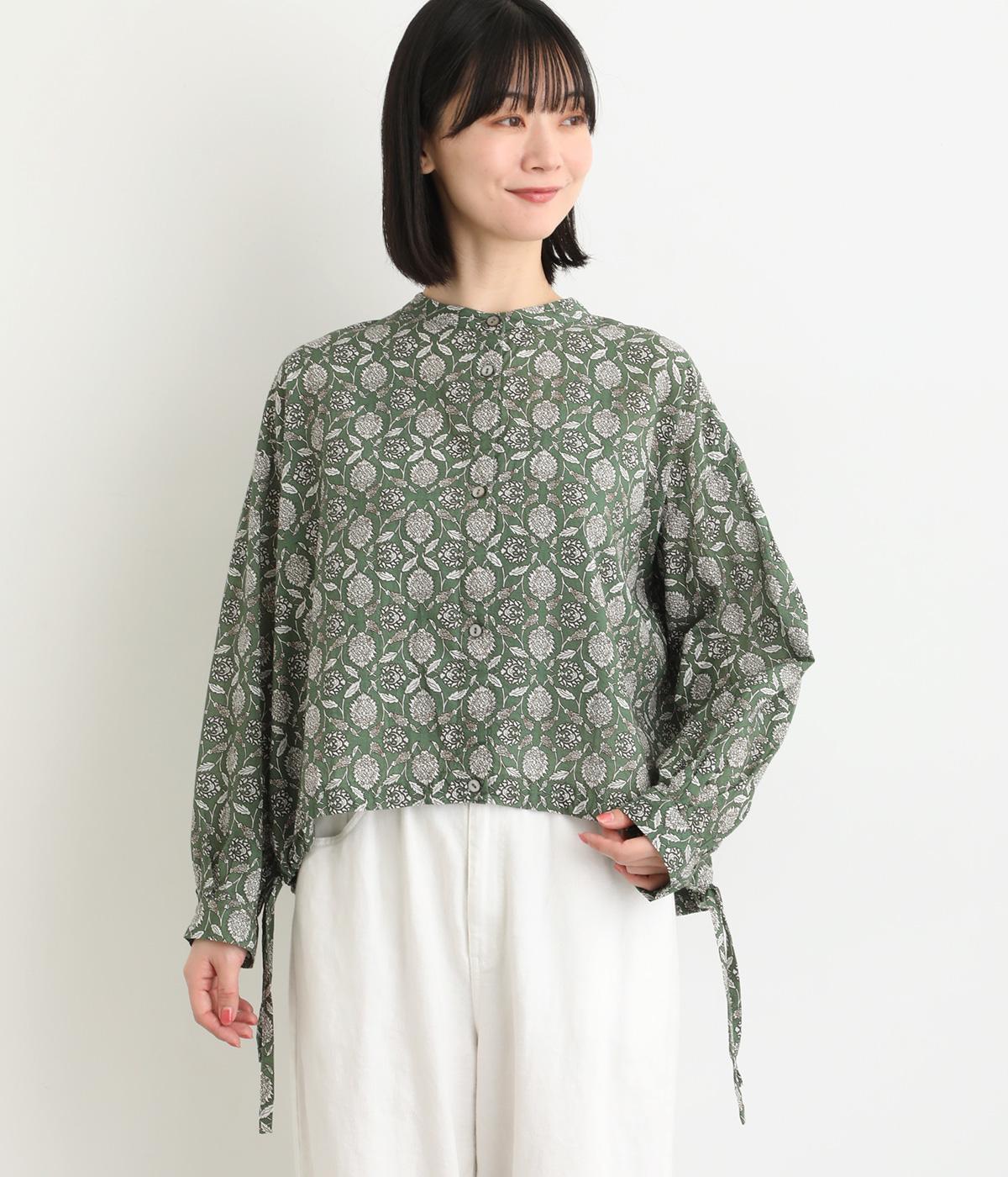 キャンブリックタイルプリントバンドカラーシャツ(カーキ-F)