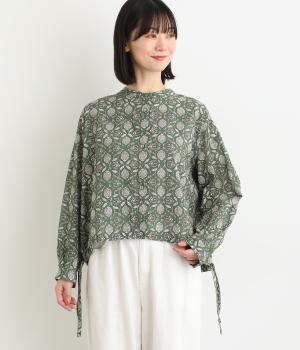 キャンブリックタイルプリントバンドカラーシャツ(カーキ-F)