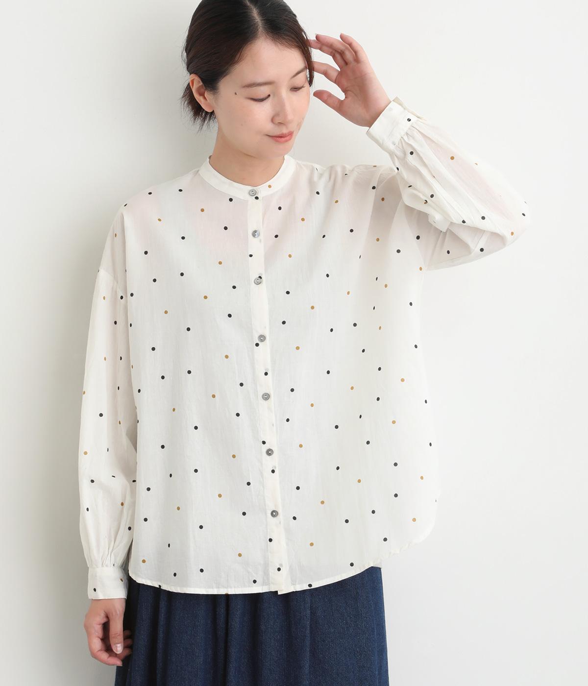 キャンブリックドットプリント袖口ギャザーワイドシャツ(オフホワイト-F)
