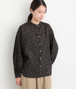 キャンブリックドットプリント袖口ギャザーワイドシャツ(ブラック-F)