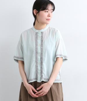 Light Voile　ラクナウ刺繍　ハーフスリーブバンドカラーシャツ